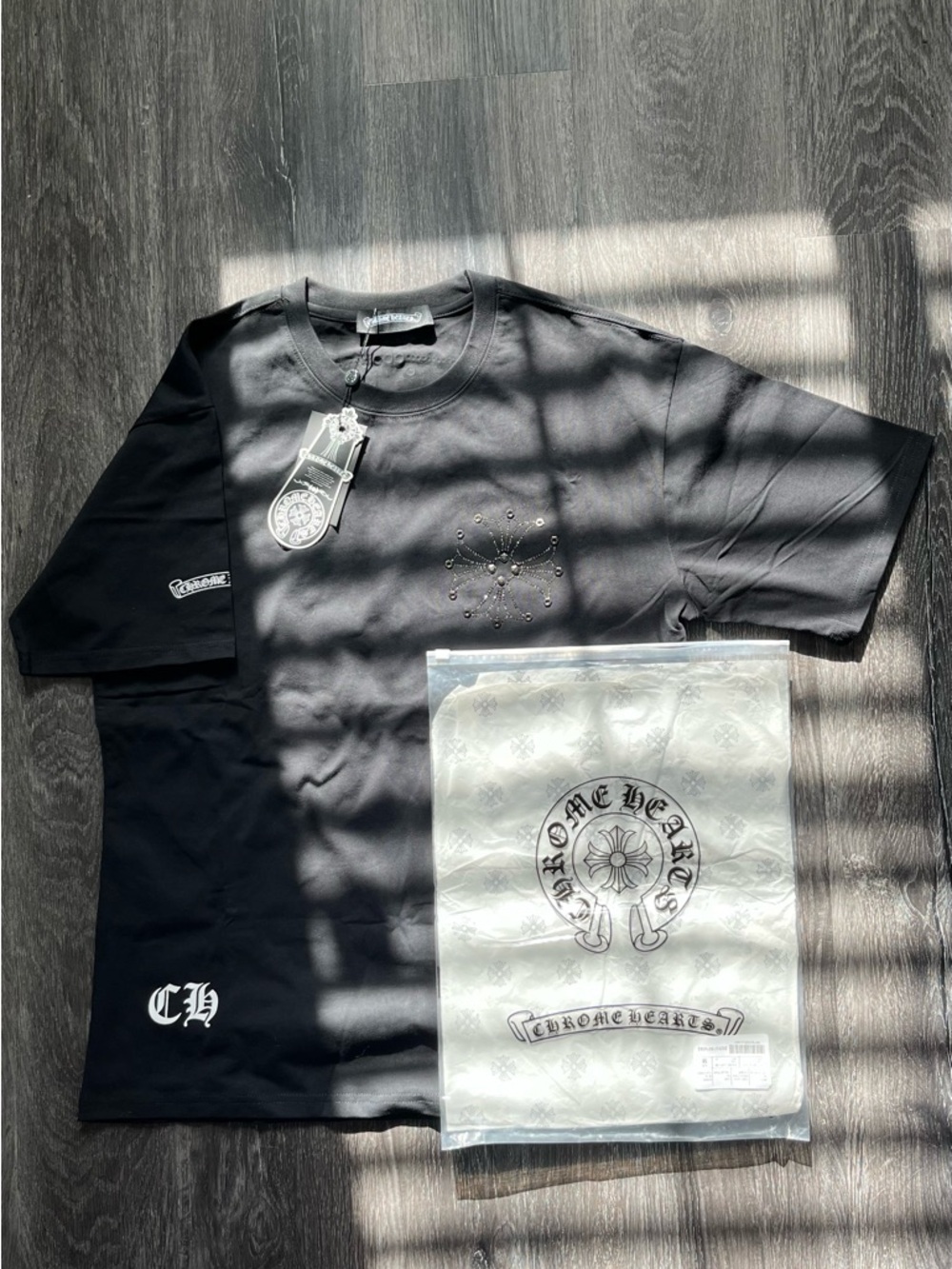 Chrome Hearts Black Crewneck T-Shirt with Silver Stud Detail